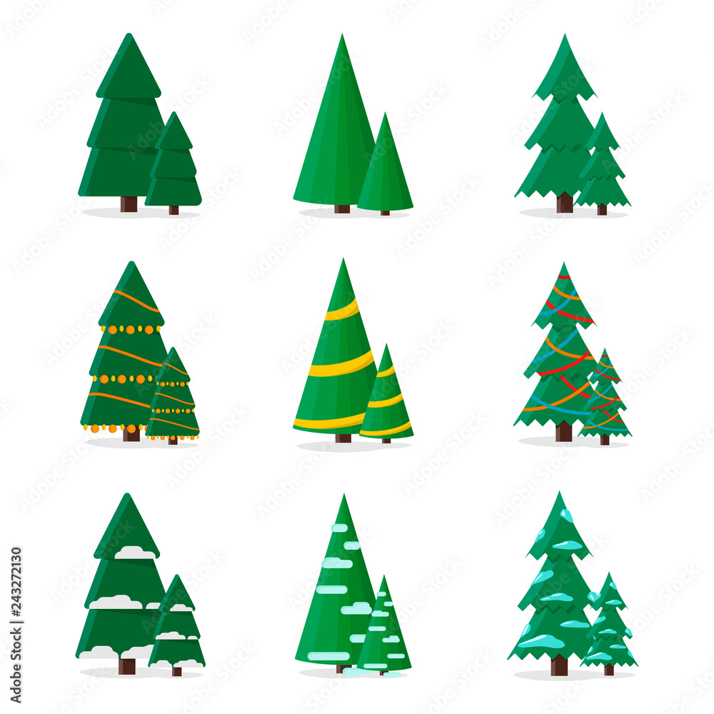 Set christmas tree in flat style, stylish design on a white background Set christmas tree in flat style, stylish design on a white background