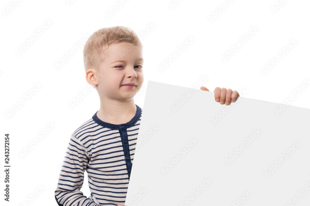 preschool child on white background with poster in hand preschool child on white background with poster in hand
