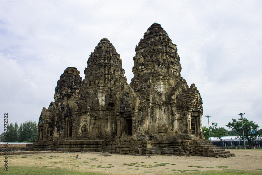 Prang Sam Yod, the iconic spot in Lopburi Prvince, Thailand situated in the center of the city with herd of monkey, the renowned mascot of the provice.  