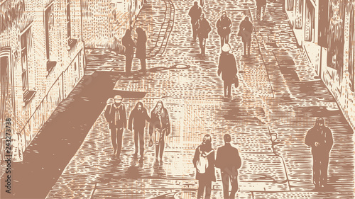 People Walk Down The Street Of The Old Town. Hand Drawn Urban Background In Engraving Style. aspect ratio 16:9. vector illustration