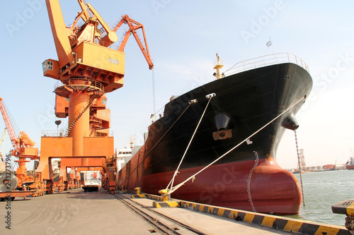 Portal crane and cargo ship photo