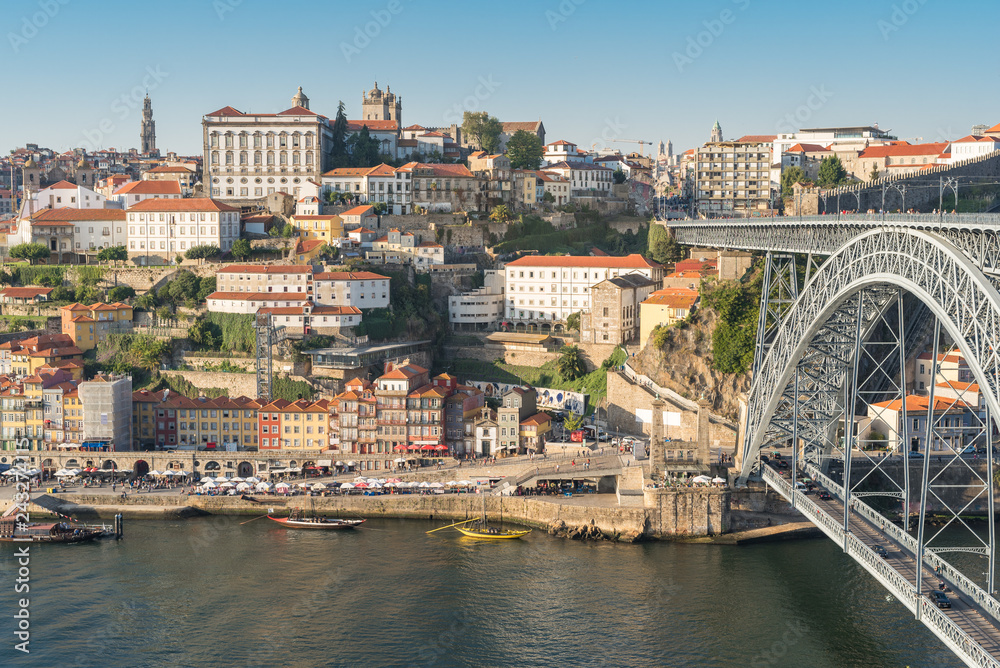 View to the historical centre of Oporto with the world heritage site the old town and the Ribeira Pier