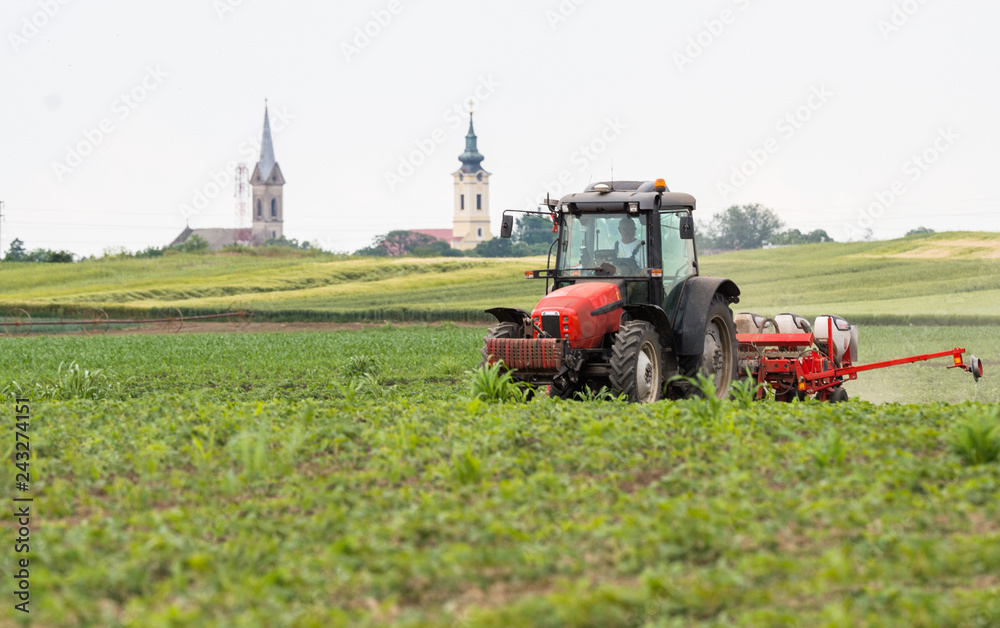 Fototapeta premium Farmer with tractor seeding soy crops at agricultural field