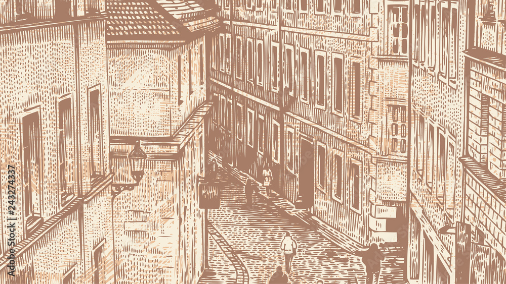 Fototapeta People Walk Down The Street Of The Old Town. Hand Drawn Urban Background In Engraving Style. aspect ratio 16:9. vector illustration