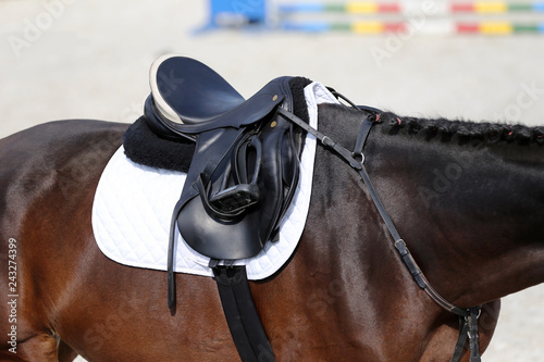Close up of a sport saddle on equestrian event