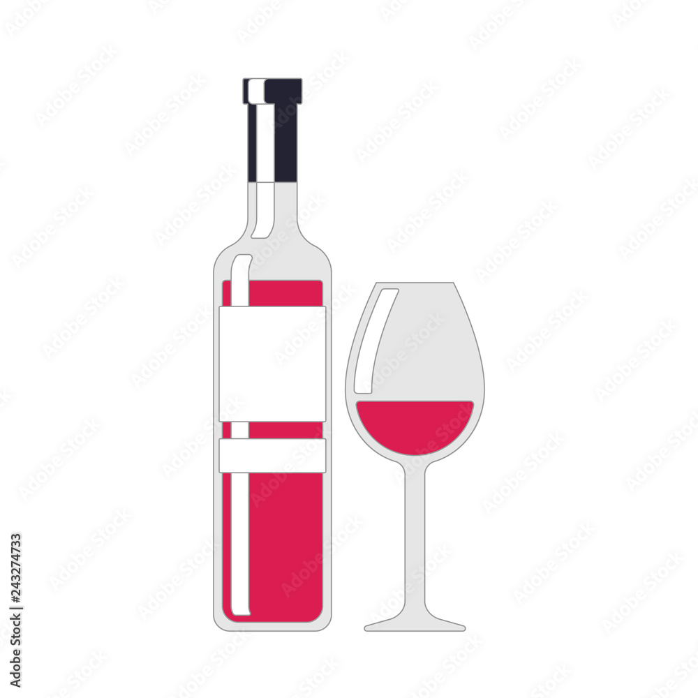 Wine bottle and wine glass. Red wine color. Alcohol drink sign. Color illustration tableware for drinking isolated on white background in flat style Wine bottle and wine glass. Red wine color. Alcohol drink sign. Color illustration tableware for drinking isolated on white background in flat style