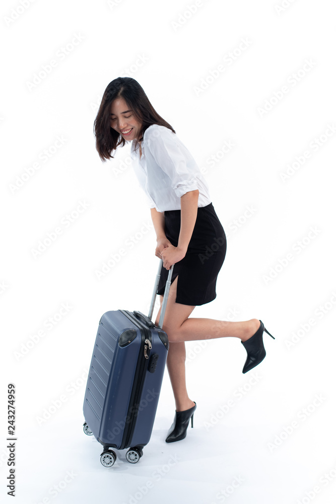 Young woman walk with suitcase. Young woman walk with suitcase.