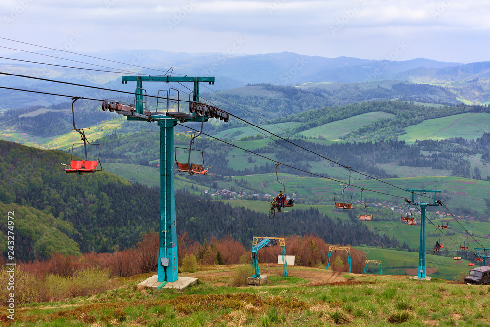 Ski-lift raises tourists and athletes up and down the mountains in the Carpathians