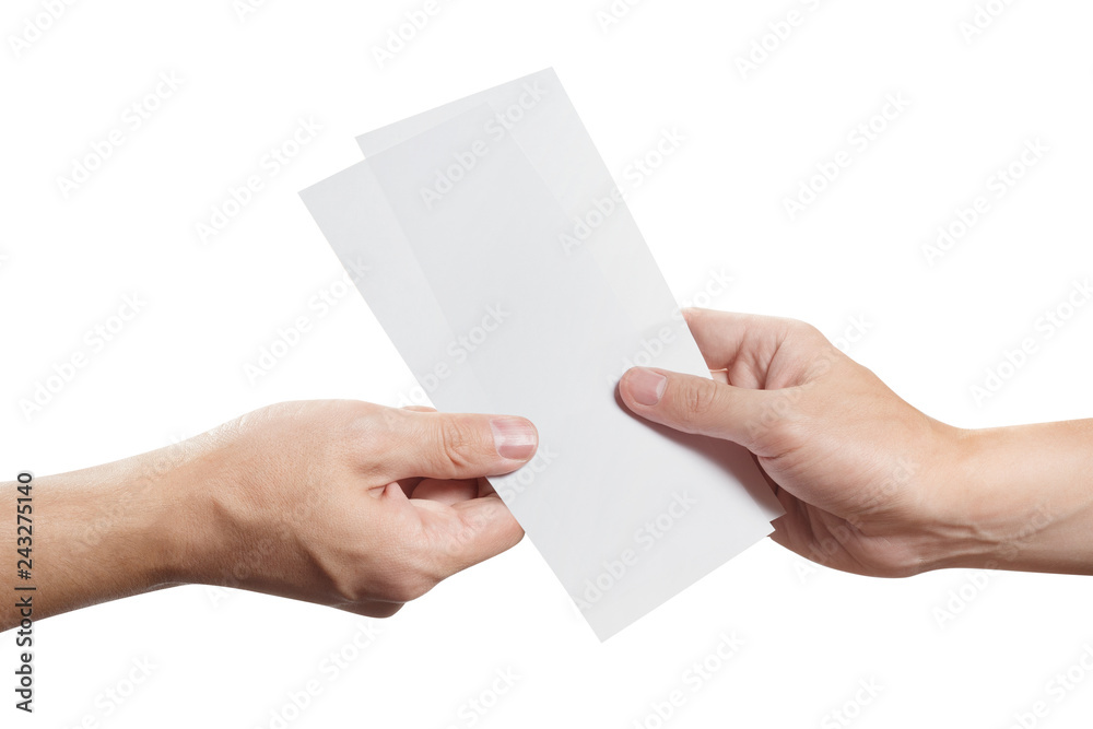 Hand giving two blank sheets of paper (tickets, flyers, invitations, coupons, money, etc.), isolated on white background Hand giving two blank sheets of paper (tickets, flyers, invitations, coupons, money, etc.), isolated on white background