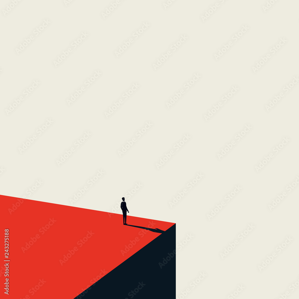 Business vision and opportunity vector concept in minimalist art style. Businessman standing on the edge of cliff looking ahead. Symbol of future, career opportunity, success. - obrazy, fototapety, plakaty 