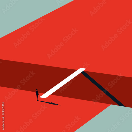 Business challenge vector concept in minimalist art style. Businessman walking over bridge. Symbol of ambition, leadership, finding solution.