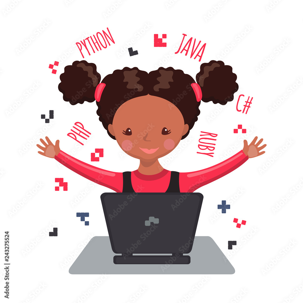 African American happy girl learning coding. African American happy girl learning coding.