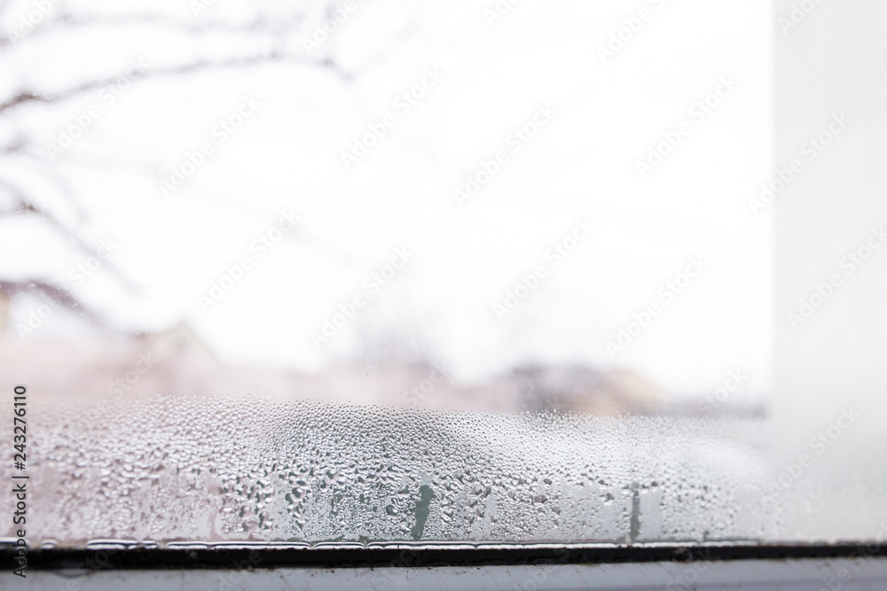 Fototapeta premium mold on a foggy plastic window of white color. Close-up