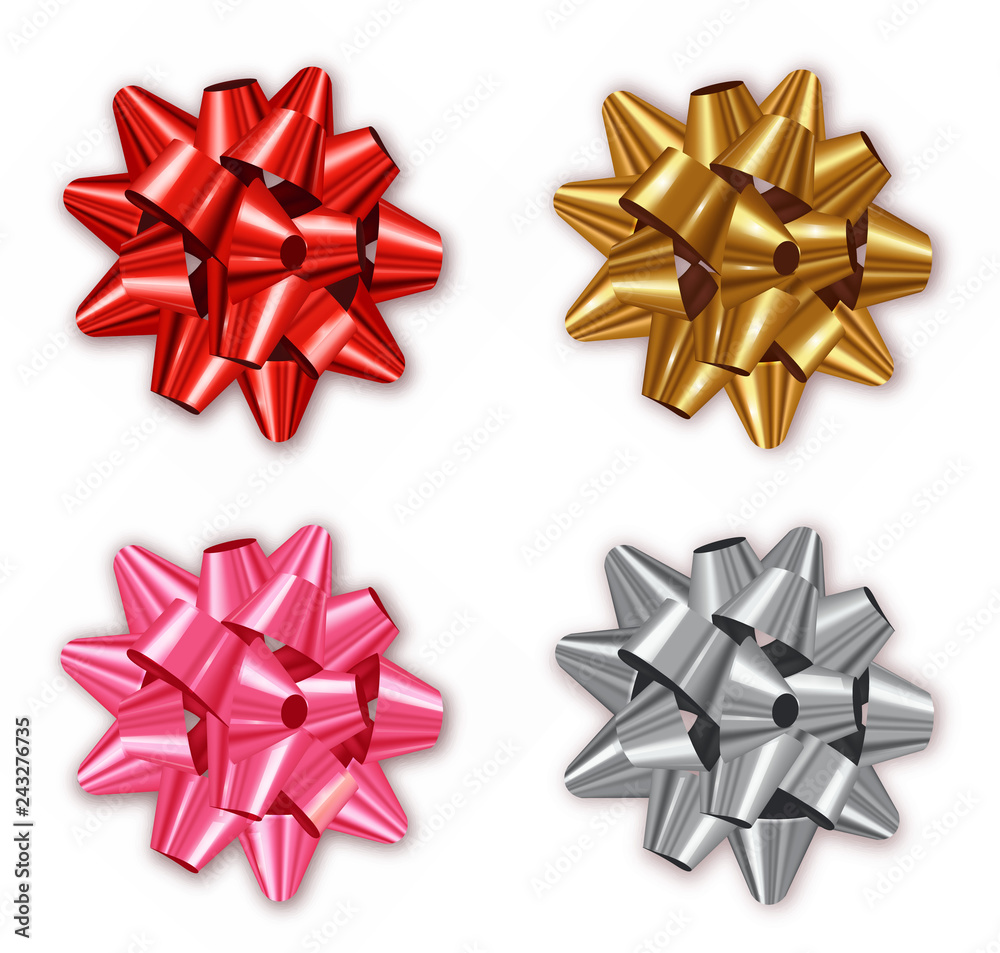 Bow set collection Vector realistic. Shiny Colorful red, silver, golden. Decor wrapping element. 3d detailed illustrations