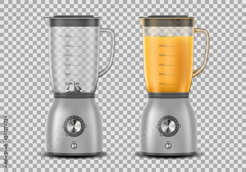 Set of Realistic Juicer blender. Kitchen blender with orange juice and empty, drink 3d mixer isolated. vector illustration