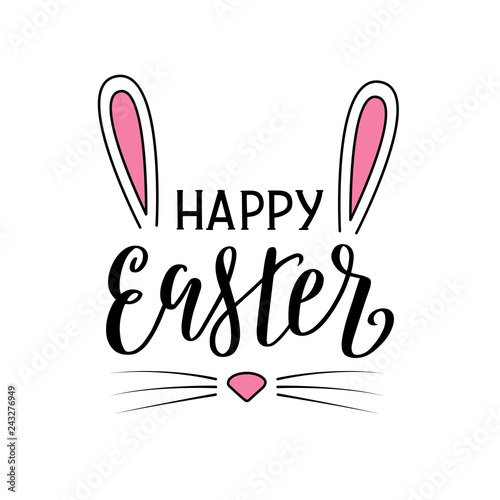 Happy Easter lettering poster in the shape of rabbit head. Easter bunny ears, nose and whiskers. Vector illustration eps 10