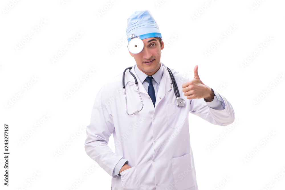 Young handsome doctor otolaryngologist isolated on white Young handsome doctor otolaryngologist isolated on white