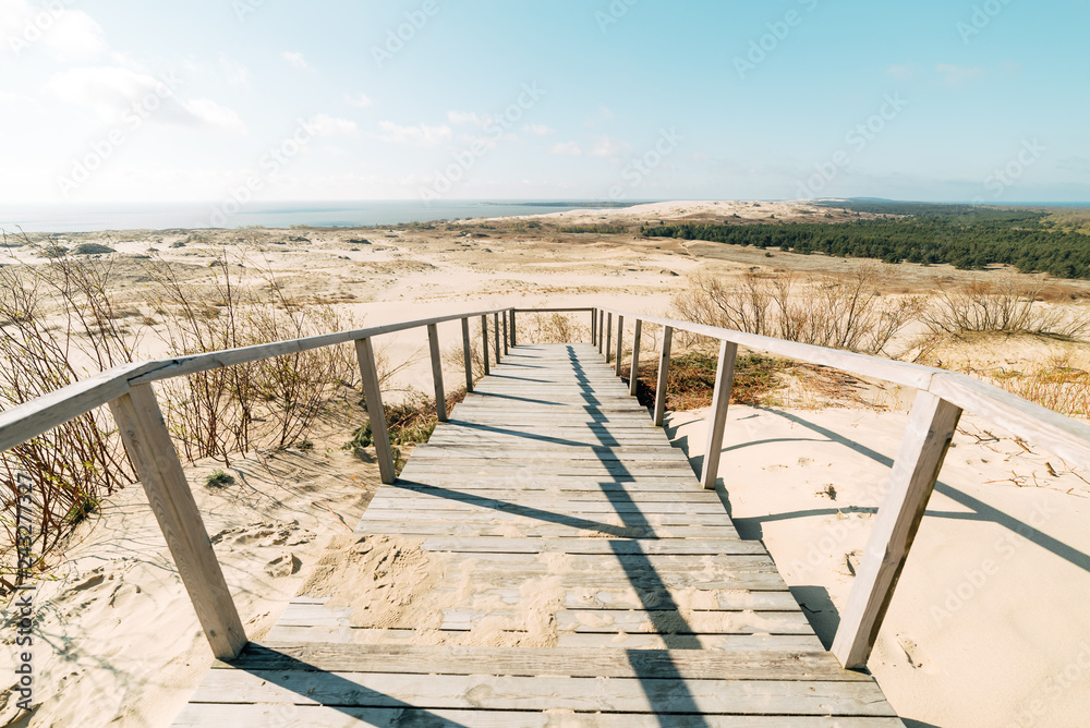Fototapeta premium Stairs to the beach. A wooden staircase leads to a wide sandy beach on the picturesque shore on a beautiful and windy summer day.