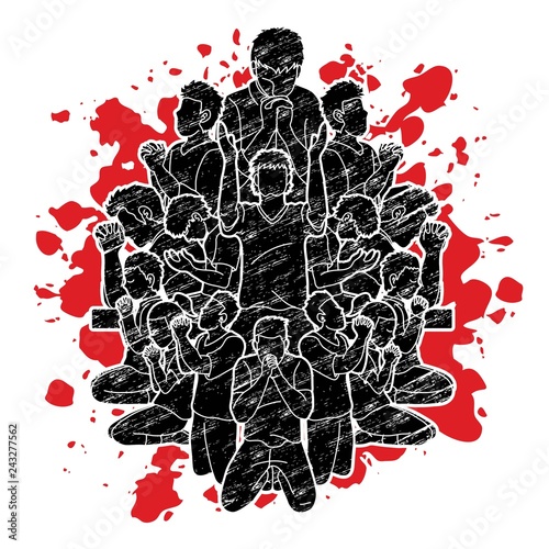 Group of people prayer, Praise to the Lord , Double exposure graphic vector