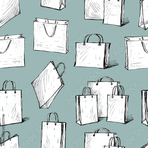 Seamless background of shopping bags sketches