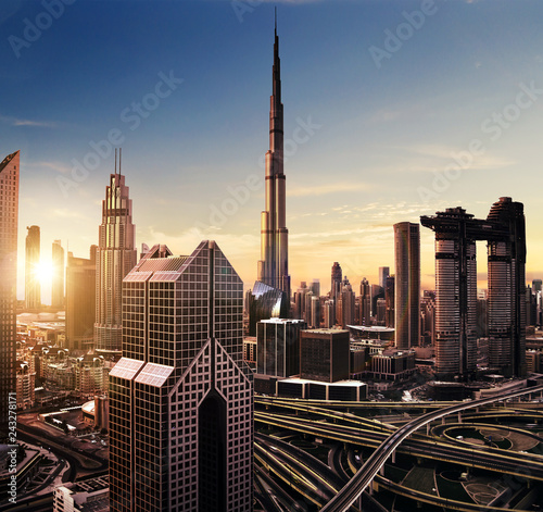 Photography Dubai sunset panoramic view of downtown