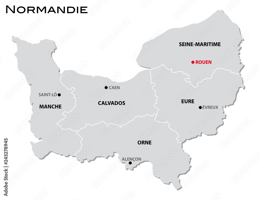 simple gray administrative map of the new french region normandie