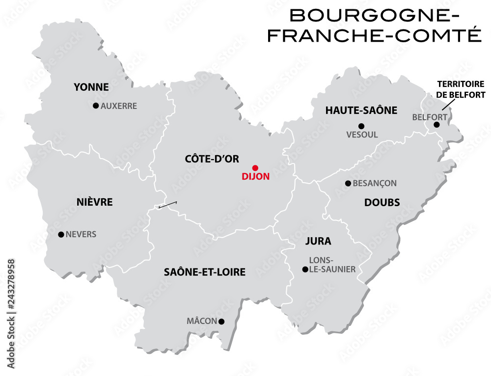 simple gray administrative map of the new french region Bourgogne-Franche-Comte