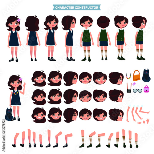 Creation of cartoon character girl set with haircuts emotions legs positions and аccessories isolated vector illustration.Moving arms, legs. 