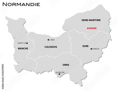 simple gray administrative map of the new french region normandie