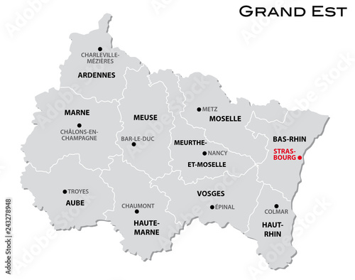 simple gray administrative map of the new french region Grand Est