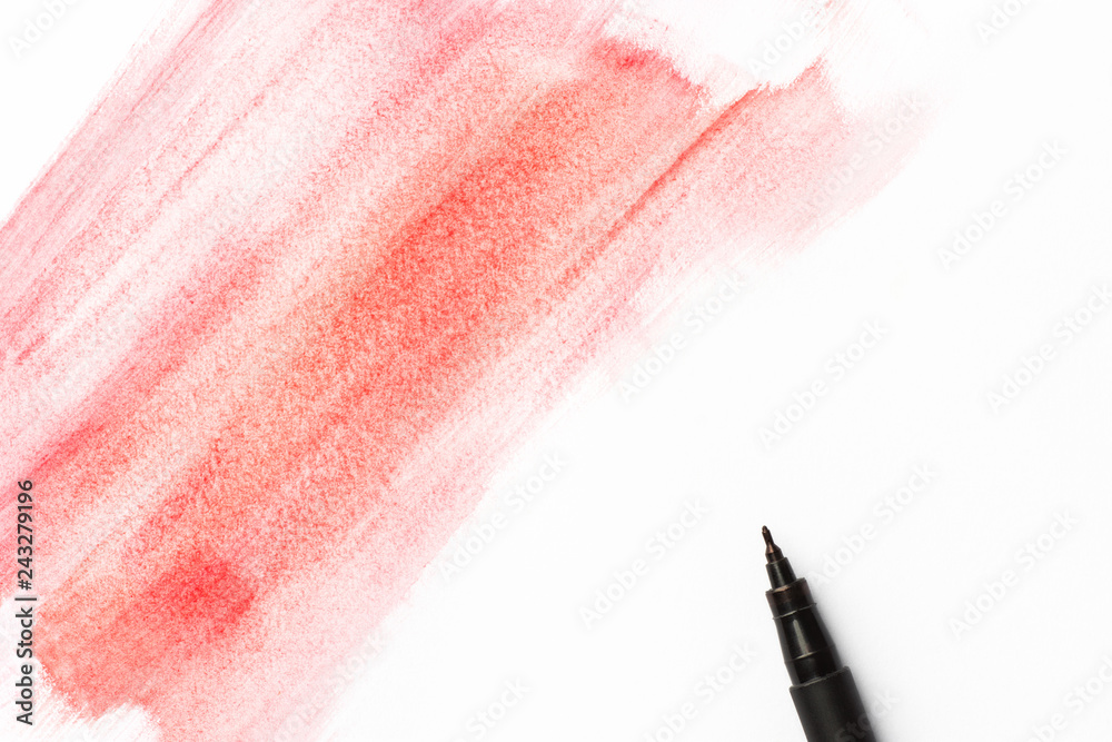 Fototapeta premium Red pink crimson watercolor paintbrush long strokes on white paper background. Black pigment fineliner pen. Greeting card poster banner placeholder template with copy space for text lettering