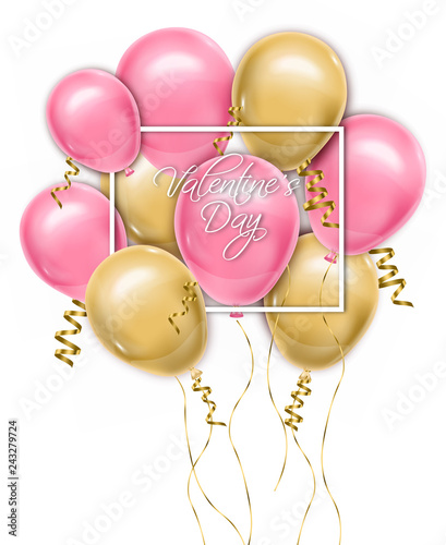 Happy Valentine day balloons card Vector realistic. Pink and yellow joyful co...