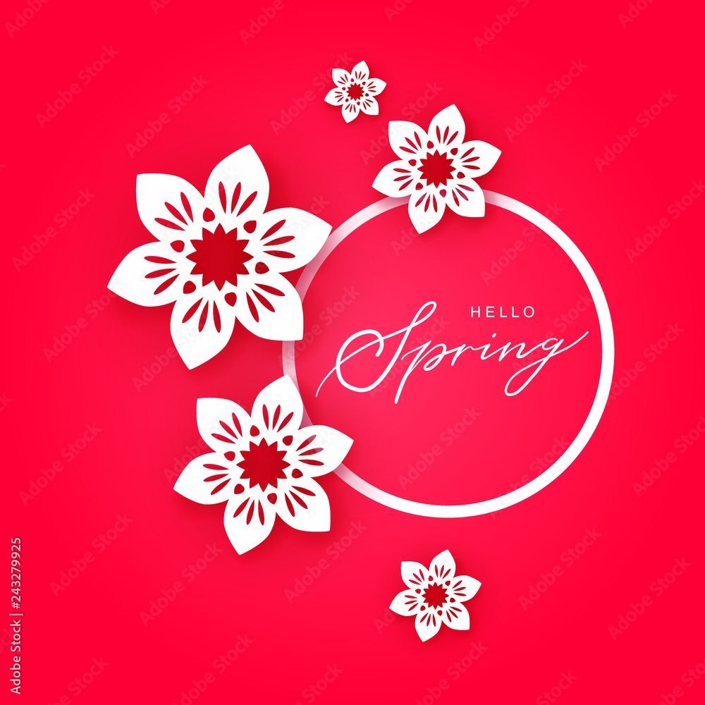 Paper cut art of Hello spring calligraphy hand lettering quote in circle wreath with white origami flowers on bright pink background, floral vector illustration for holidays, wedding greeting cards