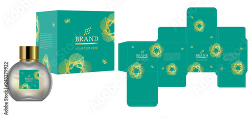 Packaging design, Label on cosmetic container with green and gold luxury box template and mockup box. illustration vector.	