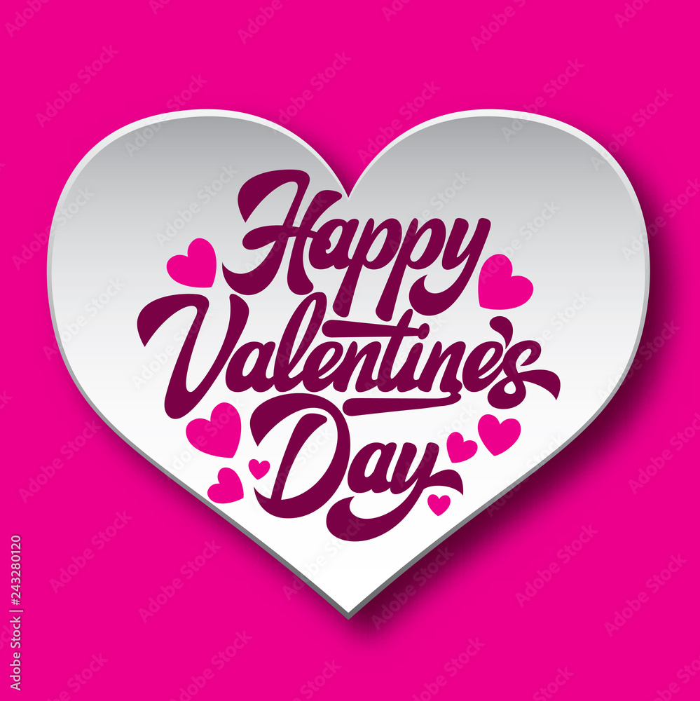 Calligraphic stylish vector inscription Happy Valentines Day on big heart with pink background