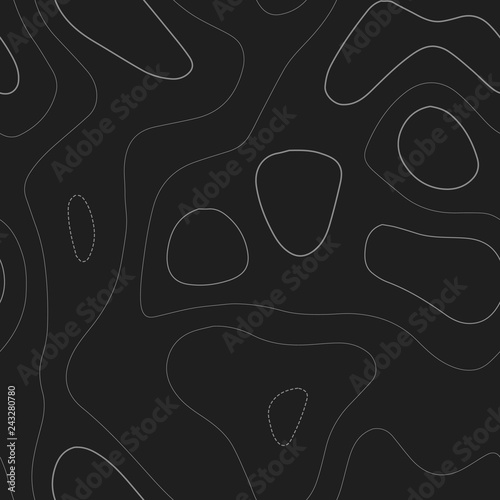 Abstract topography. Admirable topography map. Dark seamless design, classic tileable isolines pattern. Vector illustration.