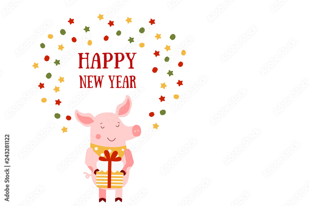 Vector illustration of Pig and Happy New Year text. Zodiac symbol of 2019 year. Cute cartoon pig useful for invitations, scrapbook, Christmas card, poster, sticker, clip art. Vector illustration of Pig and Happy New Year text. Zodiac symbol of 2019 year. Cute cartoon pig useful for invitations, scrapbook, Christmas card, poster, sticker, clip art.