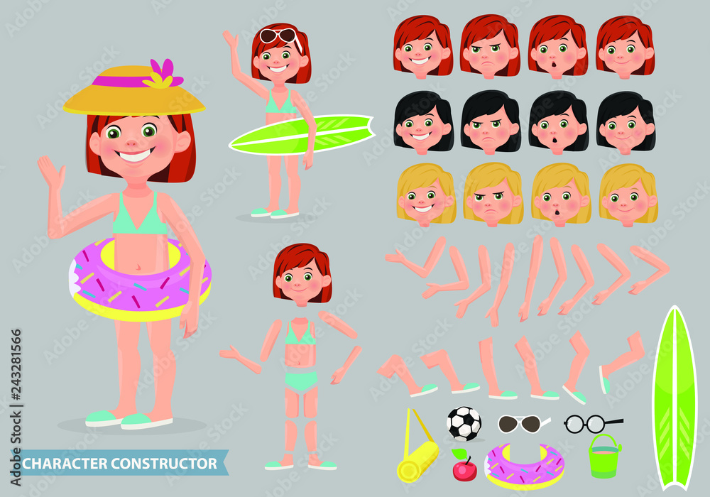Fototapeta premium Creation of cartoon character girl set