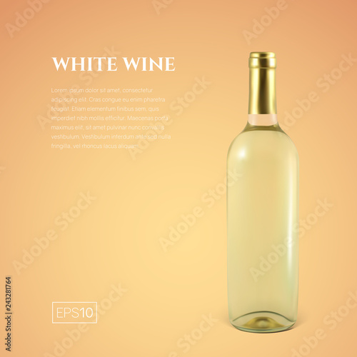 Photorealistic bottle of white wine on a yellow background. Mock up transparent bottle of wine. Template for product presentation or advertising in a minimalistic style.