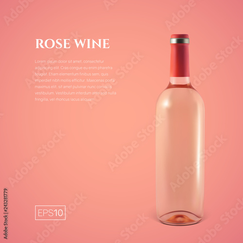 Photorealistic bottle of rose wine on a pink background. Mock up transparent bottle of wine. Template for product presentation or advertising in a minimalistic style.