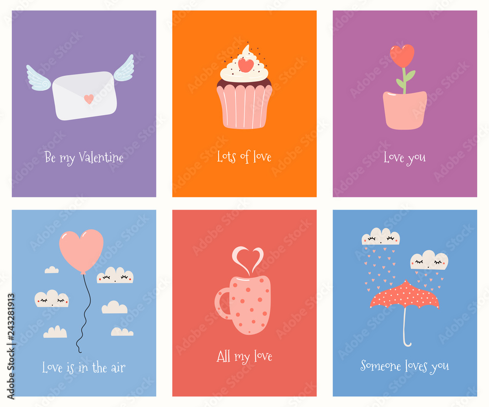 Set of cute Valentines day cards with umbrella, balloon, mug, cupcake,  flower pot, love letter, text. Hand drawn vector illustration. Scandinavian  style flat design. Concept for children print. Stock Vector | Adobe