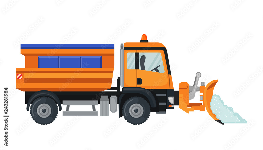 Snow Plow truck in flat style isolated on white.