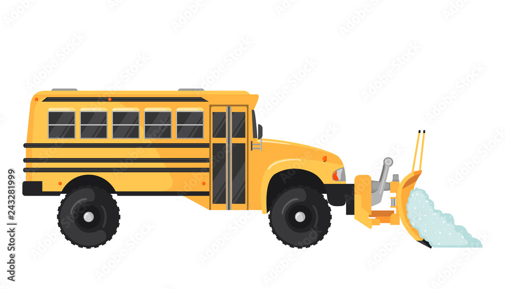 Snow Plow school bus in flat style on white.
