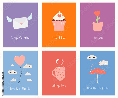 Set of cute Valentines day cards with umbrella, balloon, mug, cupcake, flower pot, love letter, text. Hand drawn vector illustration. Scandinavian style flat design. Concept for children print.