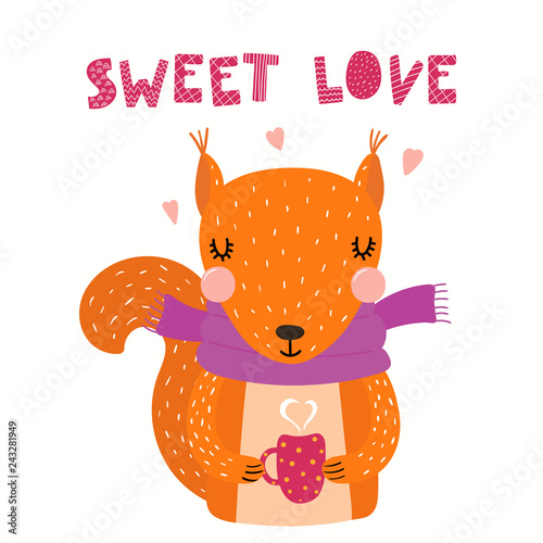 Hand drawn Valentines day card with cute funny squirrel, hearts, text Sweet love. Isolated objects on white background. Vector illustration. Scandinavian style flat design. Concept for children print.