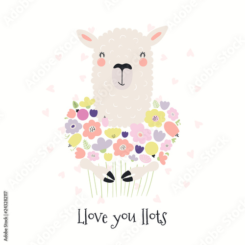 Hand drawn Valentines day card with cute funny llama holding flowers, text Llove you llots. Isolated objects on white . Vector illustration. Scandinavian style flat design. Concept for children print.