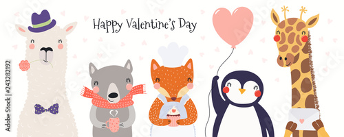 Hand drawn card with cute funny animals, hearts, text Happy Valentines day. Isolated objects on white background. Vector illustration. Scandinavian style flat design. Concept for children print.
