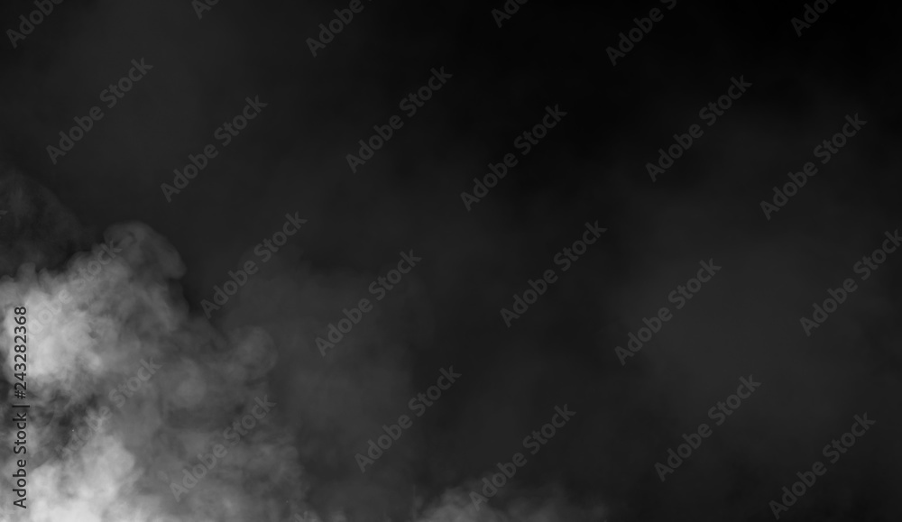 Fog and mist effect on isolated black background for text or space