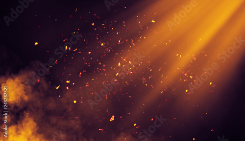 Spotlight lighting on background. Smoke with embers parrticles texture overlays . photo