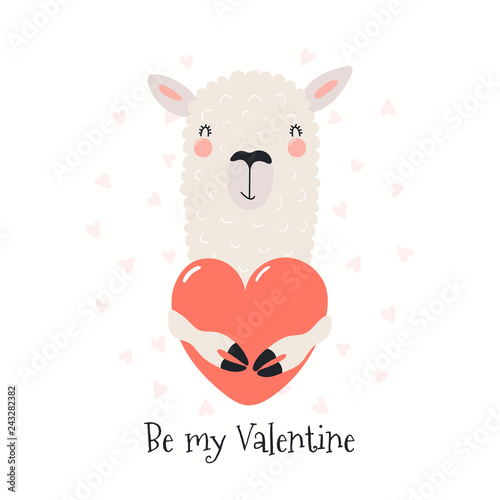 Hand drawn card with cute funny llama holding heart, text Be my Valentine. Isolated objects on white background. Vector illustration. Scandinavian style flat design. Concept for children print.